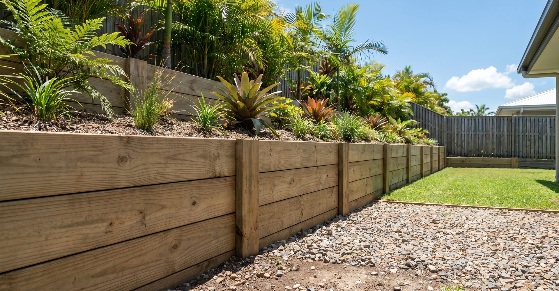 Timber sleeper retaining wall in Gold Coast backyard holding sloped garden soil