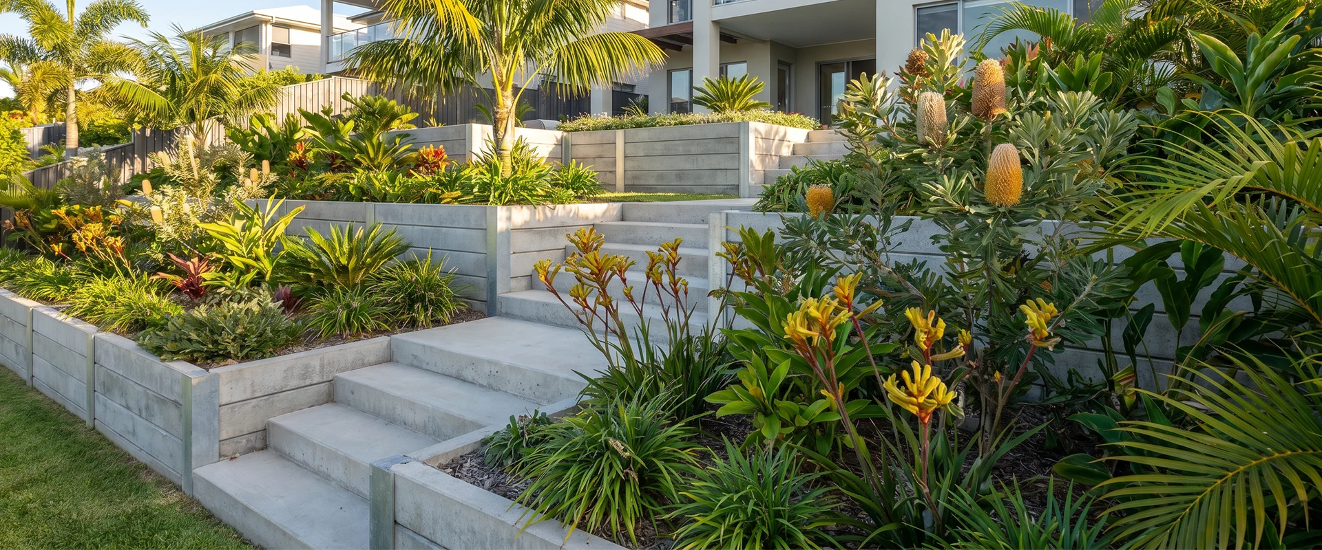 Tiered retaining wall design on a sloping Gold Coast Queensland property