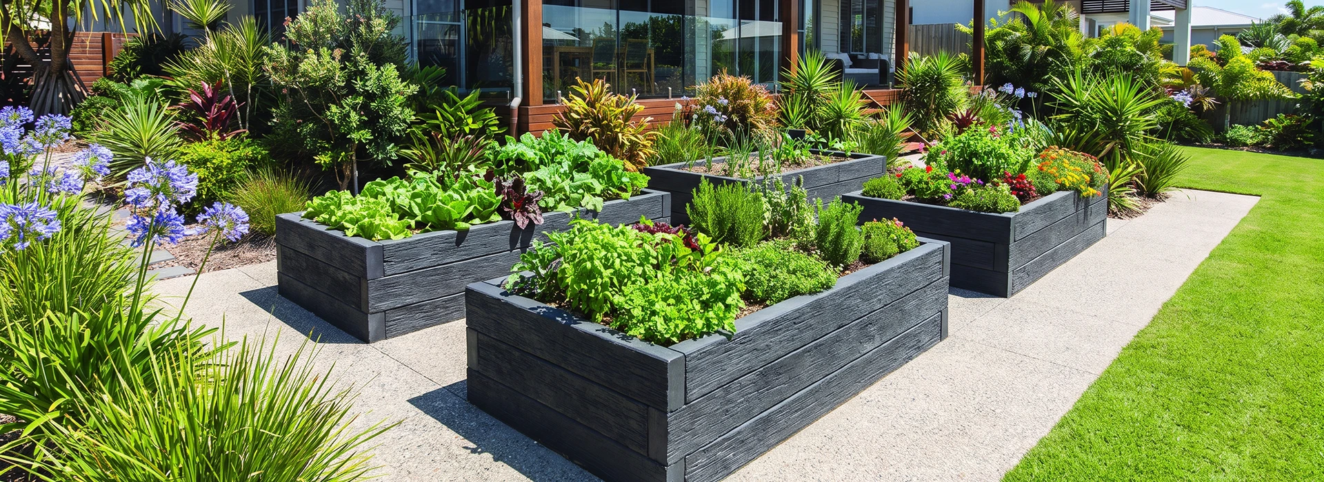 Concrete sleeper raised garden beds at a Gold Coast Queensland home