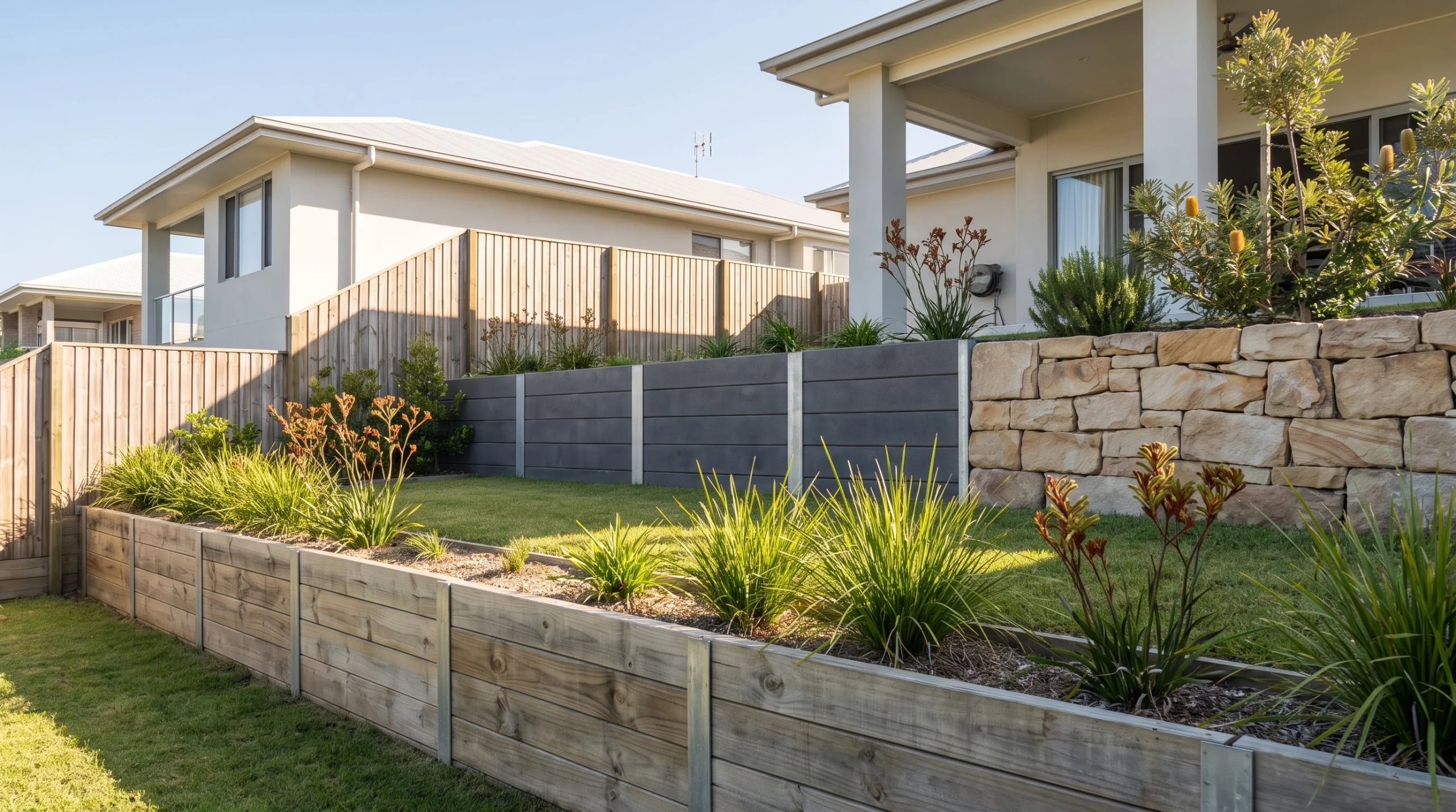 Timber, concrete sleeper and sandstone retaining walls in a landscaped Gold Coast residential backyard.