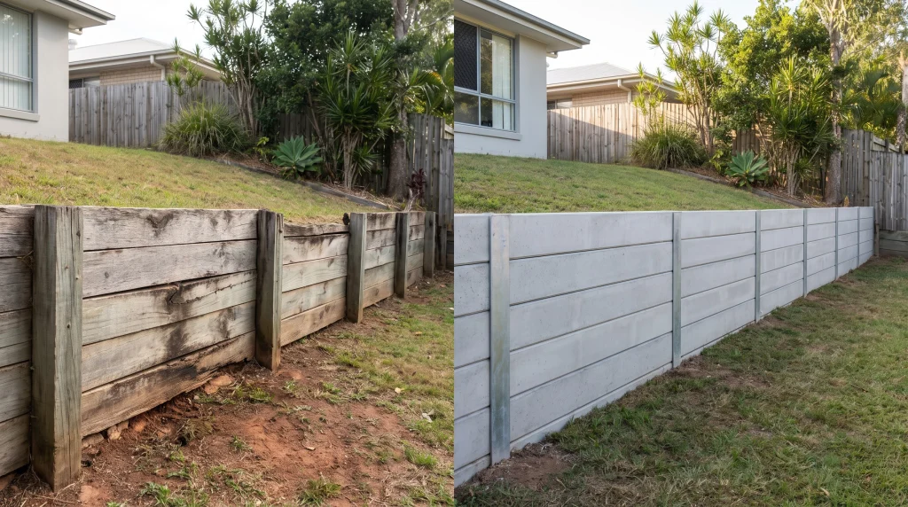 Weathered timber retaining wall beside a newer concrete sleeper retaining wall on the Gold Coast.